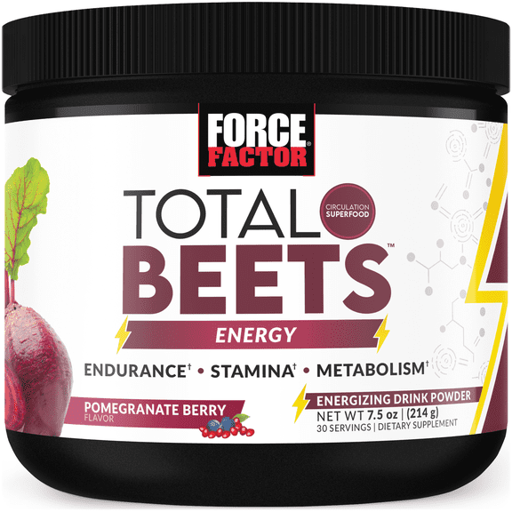 Force Factor Total Beets Energy, Beet Root Powder with Green Tea to Boost Nitric Oxide, Energy, Stamina & Blood Flow, Pomegranate Berry, 30 Servings