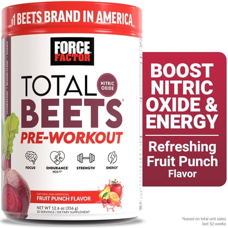Force Factor Total Beets Pre Workout Powder, Nitric Oxide Booster with Beetroot Powder for Energy, Blood Flow & Pumps, Fruit Punch, 30 Servings