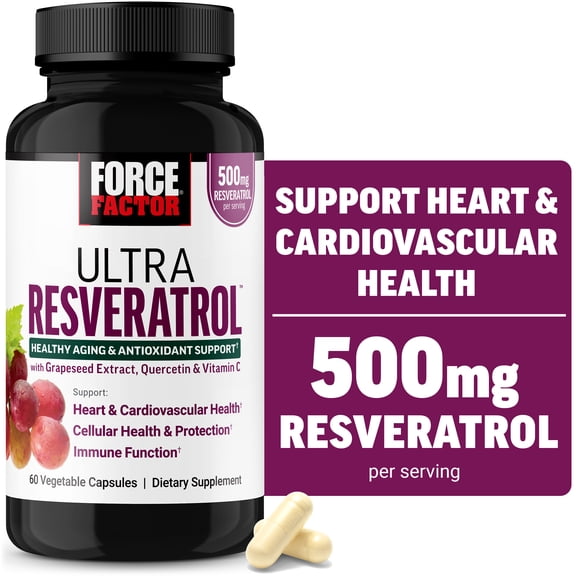 Force Factor Ultra Resveratrol, 500mg Trans-Resveratrol with Grapeseed Extract, Quercetin & Vitamin C, Antioxidant Supplement for Healthy Aging & Cellular Protection, 60 Capsules