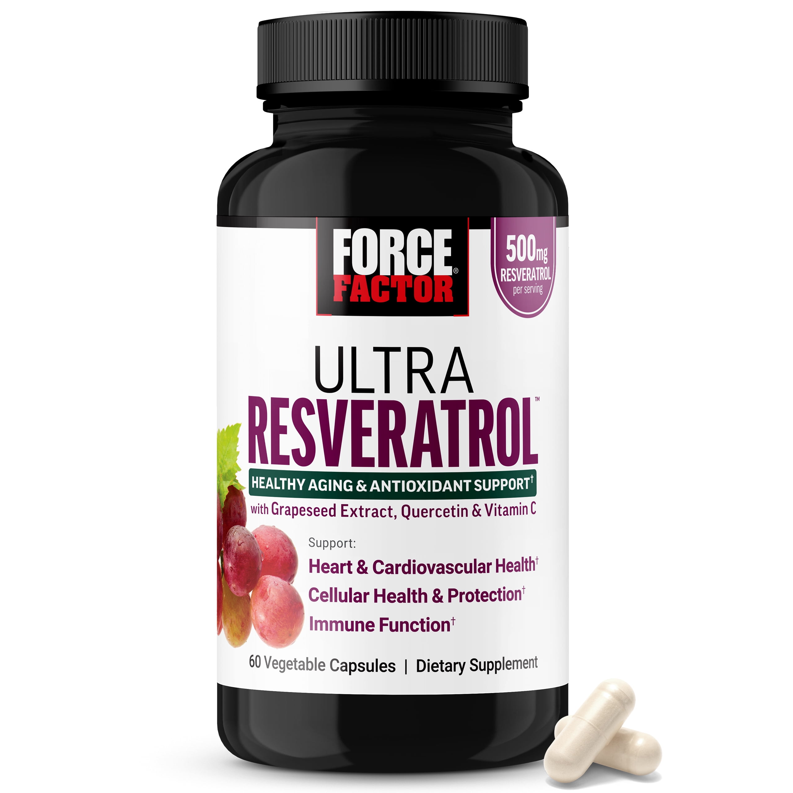 Force Factor Ultra Resveratrol, 500mg Trans-Resveratrol with Grapeseed Extract, Quercetin & Vitamin C, Antioxidant Supplement for Healthy Aging & Cellular Protection, 60 Capsules