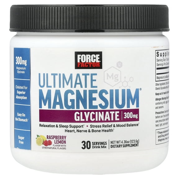 Force Factor Ultimate Magnesium Glycinate Drink Mix, Raspberry Lemon, 4.36 oz (123.6 g)