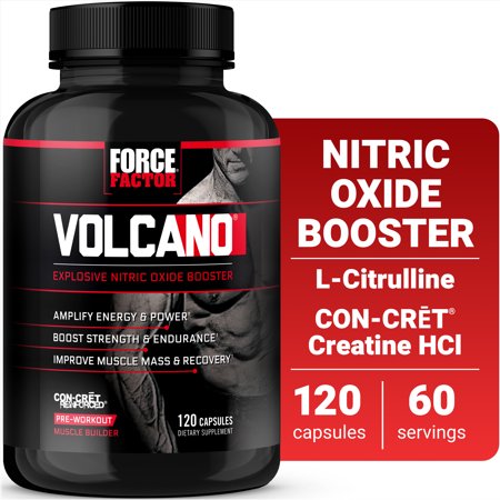 Force Factor Volcano Pre Workout Nitric Oxide Booster Supplement for Men with Creatine and L-Citrulline to Boost and Energy, Help Build Muscle, Better Pump and Workout, 120 Capsules
