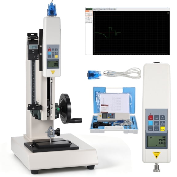 Force Gauge Stand Manual Force Test Stand, Hand Wheel Operated, with 180mm Stroke, 500N Load Capacity, 2 Pcs Testing Clamp, Compression and Tension Testing