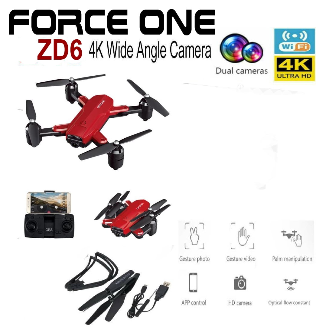 Force One ZD6 4K Wide Angle Camera Wifi FPV GPS Foldable RC Quadcopter Carry Case, Red 1 Battery