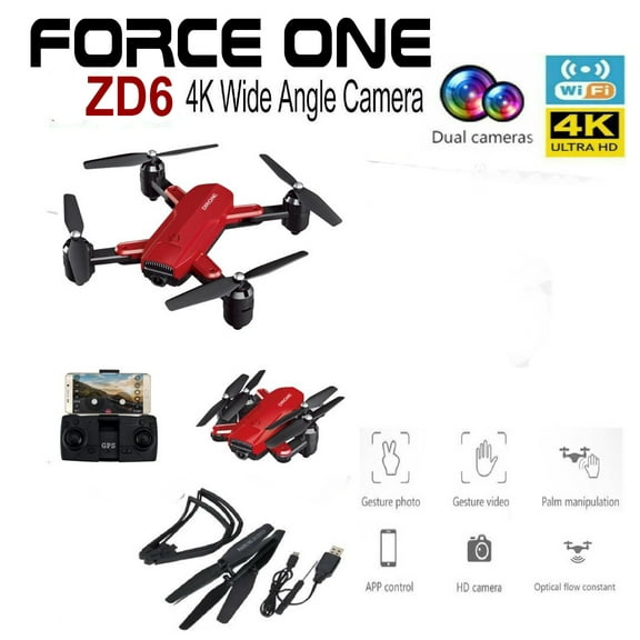 Force One ZD6 4K Wide Angle Camera Wifi FPV GPS Foldable RC Quadcopter Carry Case, Red 1 Battery