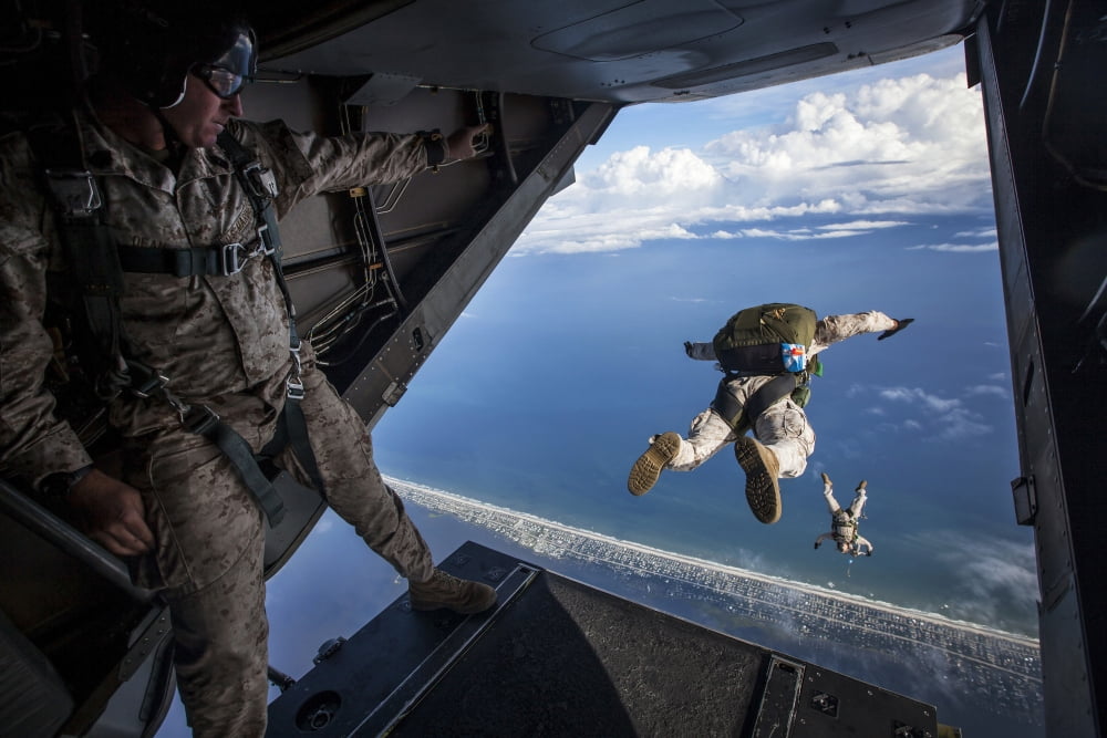 Force Reconnaissance Marines conduct a HALO jump from a MV-22B Osprey Canvas Art - Stocktrek Images (34 x 23)