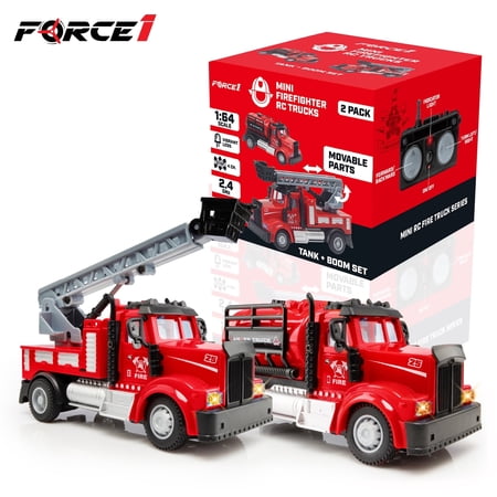 Force1 2.4GHz RC Mini Firefighter Truck Tank & Boom Firetruck, 2pk, 1:64 Scale, Vibrant LEDs Toys for Kids Boys & Girls Ages 6+