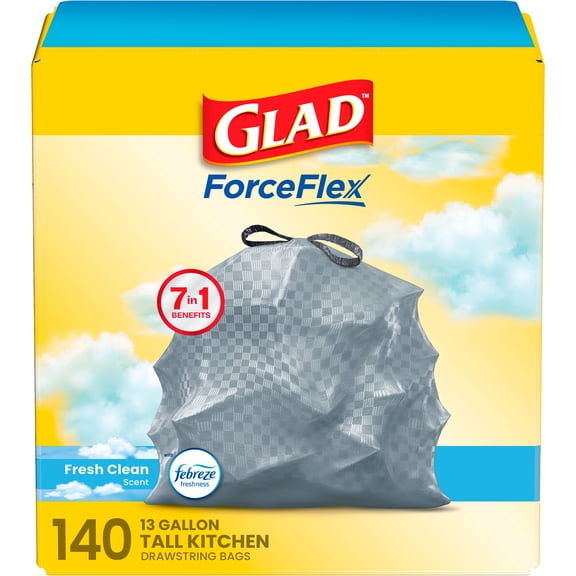 Glad ForceFlex Tall Kitchen Drawstring Trash Bags, 13 Gal, Fresh Clean Febreze, 140 Count