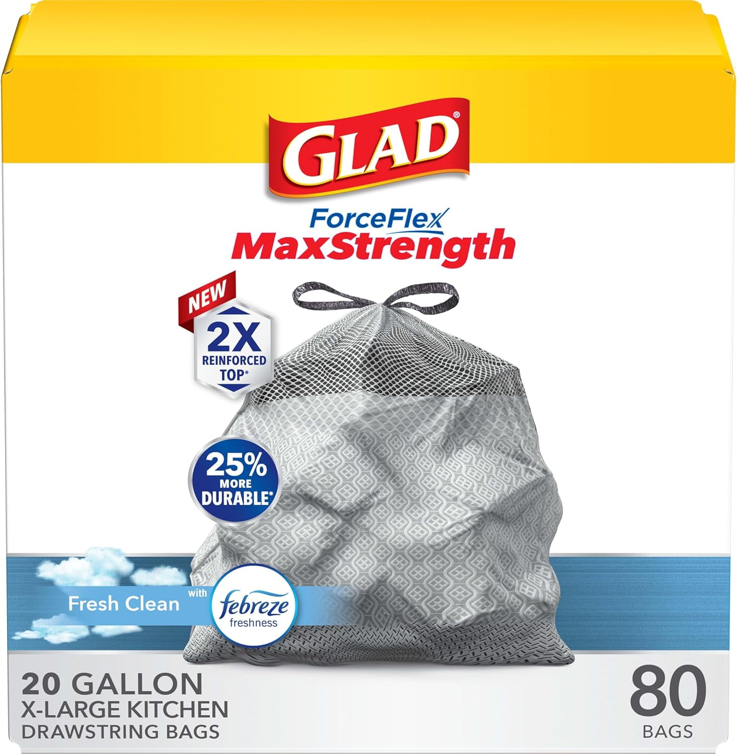 ForceFlex MaxStrength Kitchen Drawstring Trash Bags, 20 Gal, Fresh Clean, 80 Ct, Pack May Vary