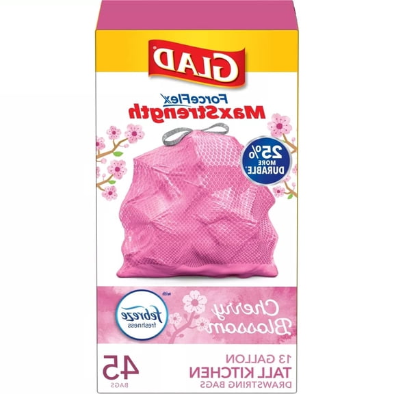ForceFlex MaxStrength Tall Kitchen Drawstring Pink Trash Bags - Cherry Blossom - 13gal/45ct