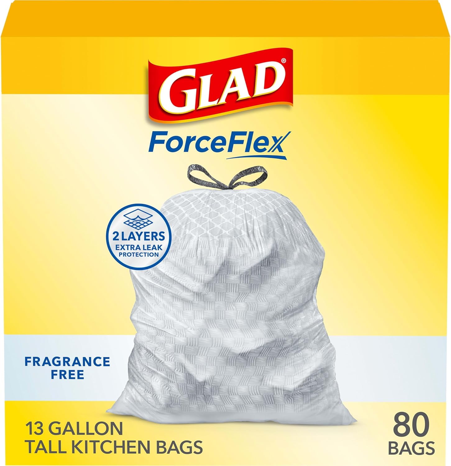 ForceFlex Tall Kitchen Drawstring Trash Bags, 13 Gal, Fragrance Free, 80 Ct (Package May Vary)