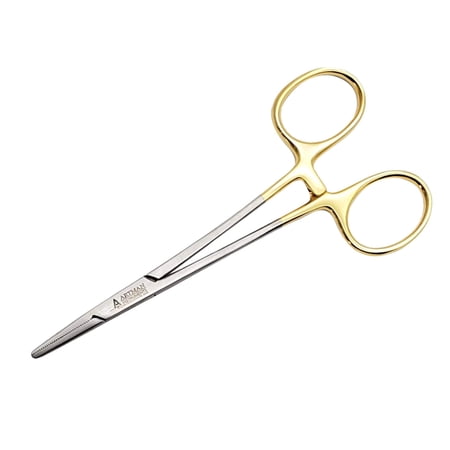 Artman Instruments Straight Forceps Clamp, 5 in, Stainless Steel Locking Clamp with Serrated Tips, Gold Finish