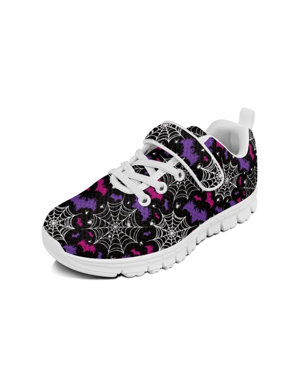 Bat Web Sneakers for Boys Size 1 Halloween Shoes Knitted Mesh Tennis Running Shoes for Kids Lightweight Breathable Hook and Loop Sneakers
