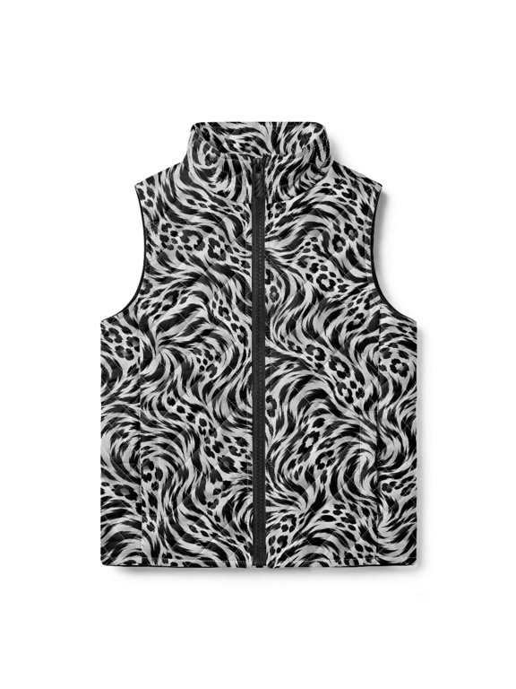 Black White Leopard Stripe Vest Coat Size 9-10 Kids Outerwear Girls Boys Sleeveless Zipper Jackets Lightweight Warm Sweater Fall Winter Outdoor Hiking Travel Holiday Outfit
