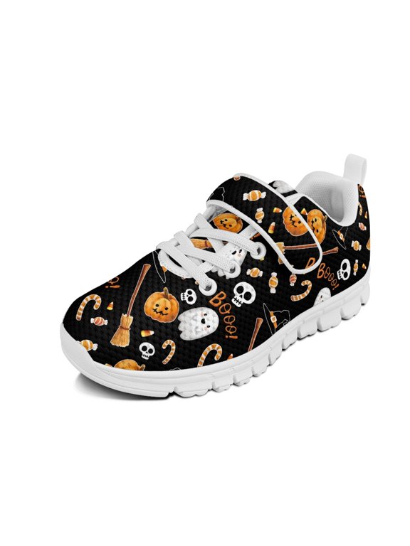 Halloween Shoes for Boys Ghost Pumpkin Skull Bat Tennis Shoes Non Slip Kids Slip on Sneakers Breathable Lightweight Single Buckle Athletic Running Trail Sneakers