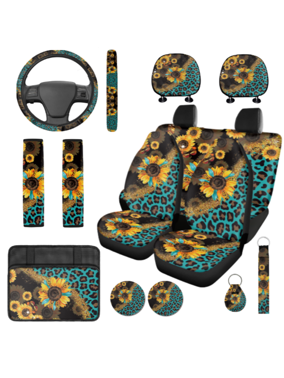14 Pcs Leopard Print Car Interior Accessory Kit, Easy To Clean Skin Friendly Car Seat Cover Set, Suitable for Vans Cars Vehicles