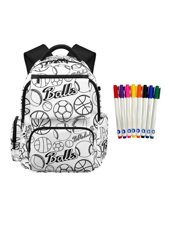 Ball Colorable Backpack for Girls 6-8 Color Your Own Bookbag DIY Hand Painted School Bag Personalized Doodle Book Bags with 8 Fabric Markers