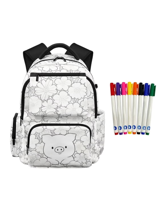 Color Your Own School Backpack for Girls 8-10 DIY Coloring Pig Bookbags Personalized Doodle School Bag Kids Colorable Daypack with 8 Fabric Markers