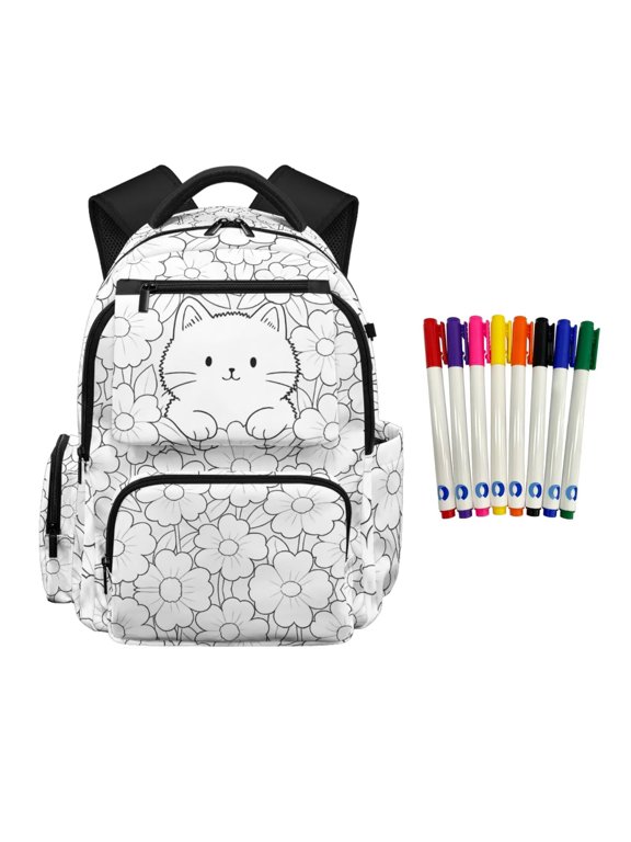 Color Your Own Bag for Girls Crafts Coloring Cat Backpack DIY Hand Painted School Bag with 8 Markers Personalized Doodle Book Bag