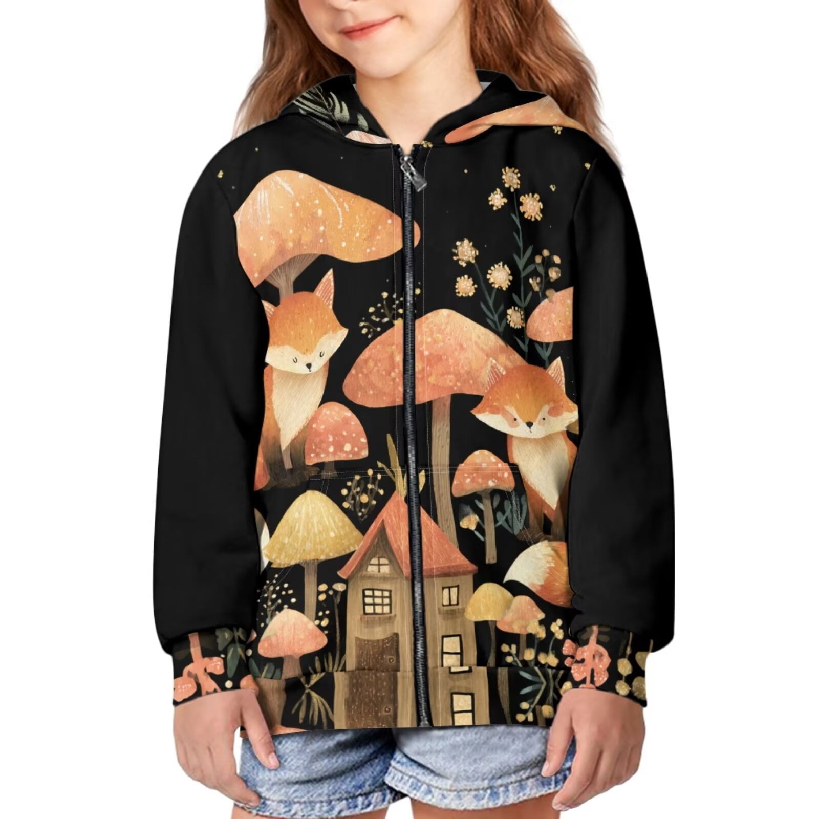 Forchrinse Fox Mushroom Girls Zip Up Hoodie Jacket Size 6-7 Kids ...