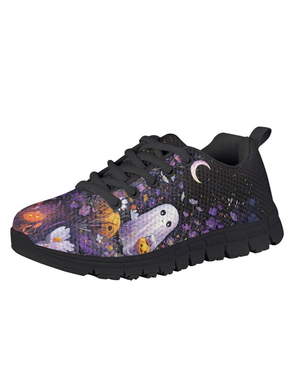 Forchrinse Halloween Ghost Tennis Shoes for Girls Size 10.5 Little Big Kids Sneakers Blossom Field Print Tennis Running Shoes Non-Slip Athletic Sport Sneakers
