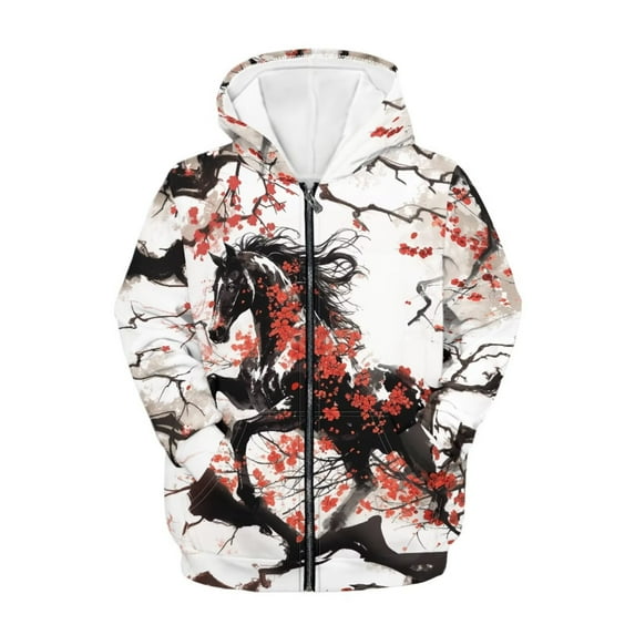 Forchrinse Horse Hoodies for Girls Boys Trendy Y2K Full-Zip Hoodie Ink Painting Long Sleeve Hooded Sweatshirts Kids School Jacket with Pockets Fall Winter Clothes