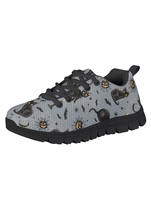 Forchrinse Kids Shoes Halloween Sneakers for Boys Girls Black Cat Pumpkin Bat Tennis Running Shoes Size 10.5 Lightweight Mesh Slip on Trainer