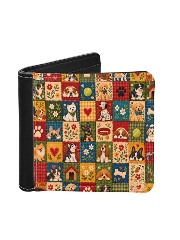 Patchwork Dog Paw Floral Boys Wallet,Leather Card Holder Purse Coin ID Pocket for Kids Teens Mens Portable Dustproof Bifold Card Wallet