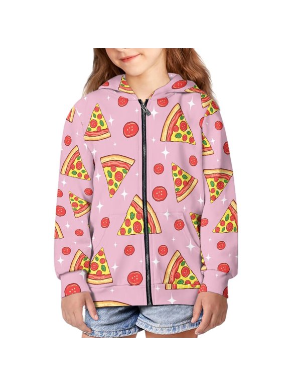 Pizza Pattern Girls Full Zip Hoodie with Pockets 14-16t Kids Funny Sweatshirts Casual Long Sleeve Trendy Youth Hooded Sweatshirts Fall Clothes Girls Loose Sports Jackets
