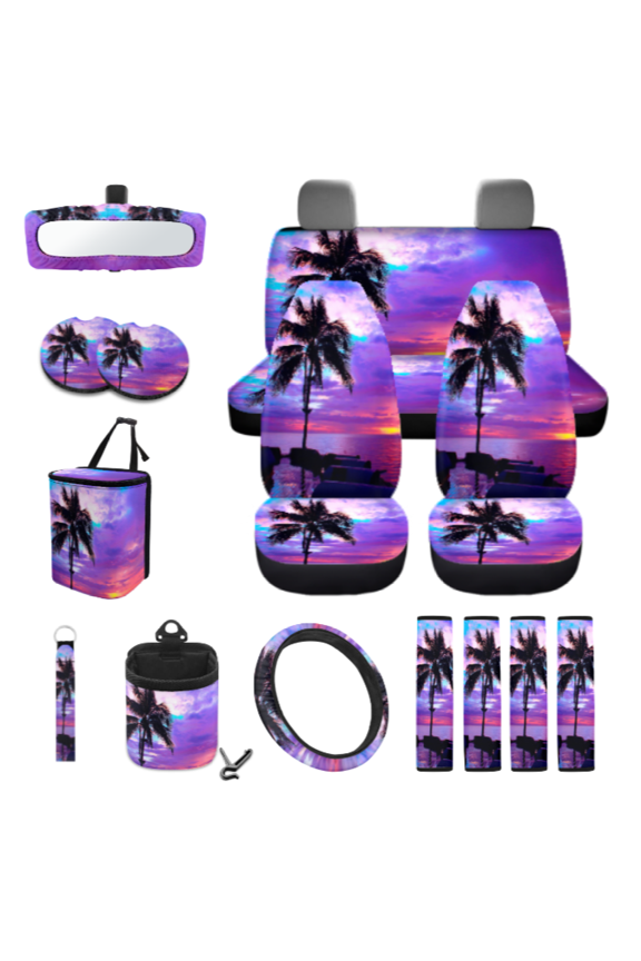 Purple Sunset Palm Tree Design Car Seat Cover Protector Set, with Car Seat Covers Car Steering Wheel Cover Car Coasters, Compatible with Auto