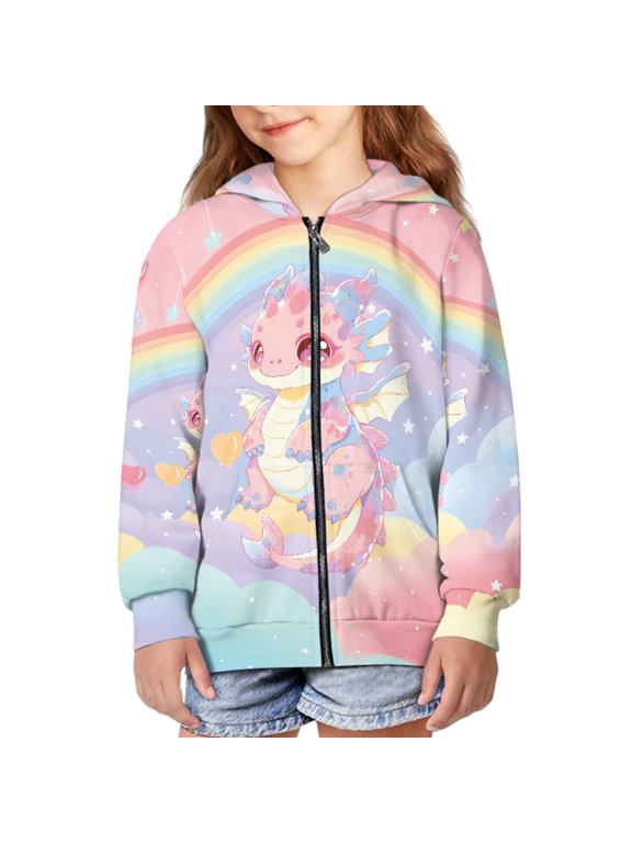 Rainbow Dragon Print Boys Zip Up Hoodie Size 6-7 Girls Long Sleeve Hooded Sweatshirts for Kids Lightweight Sport Athletic Tops Soft Hoodie Jacket Coat for Fall Winter
