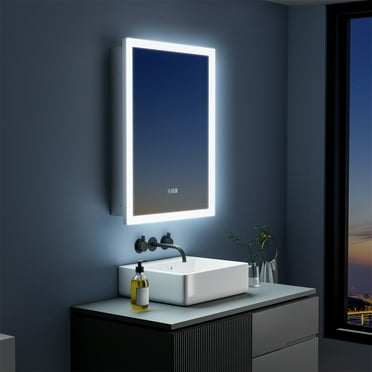 Forclover 24" x 32" LED Lighted Medicine Cabinet with Mirror, Bathroom Wall Cabinet w/ Defogger, Dimmable, Memory function, Outlets & USB, Right Open Door