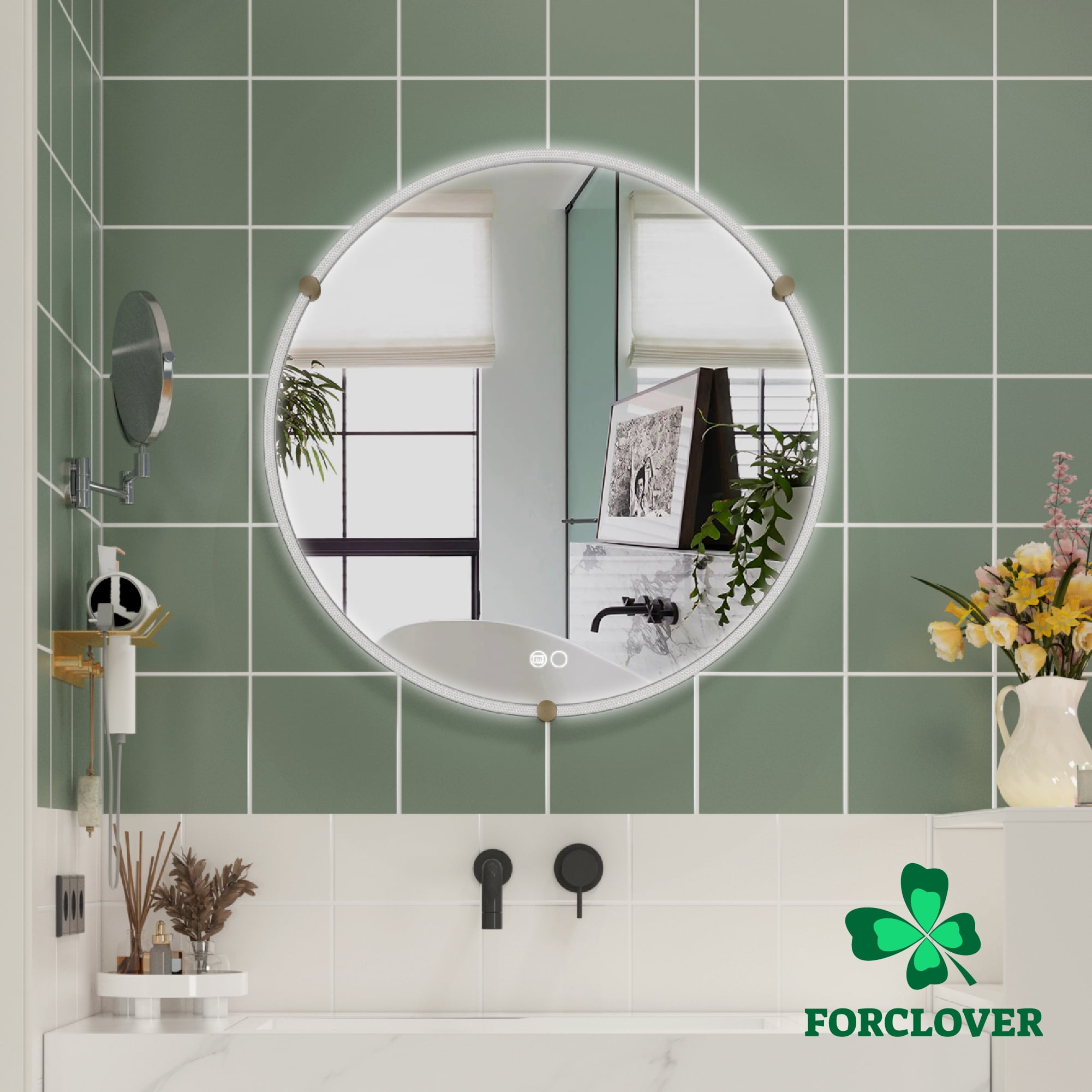 Forclover 32 in. W x 32 in. H Framed Round LED Light Bathroom Vanity ...
