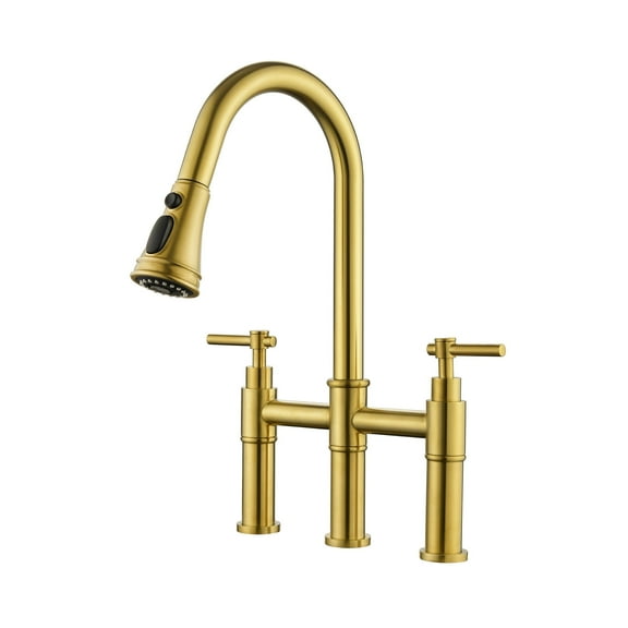 ANGELES HOME Bridge Kitchen Faucet with Pull-Down Sprayer 3 Hole Kitchen Sink Faucet, Brushed Gold