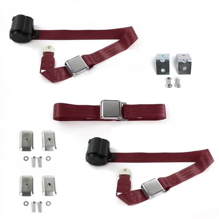 Ford 1928-1931 Model A Airplane 2 Point Burgandy Retractable Bench Seat Belt Kit with Bracketry - 3 Belts