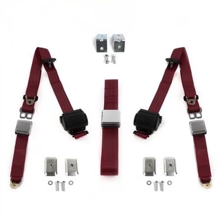 Ford 1932 Model B Airplane 3 Point Burgandy Retractable Bench Seat Belt Kit with Bracketry - 3 Belts