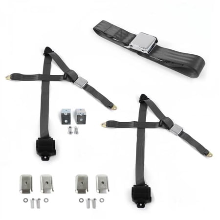 Ford 1933-1934 Model C Airplane 3 Point Charcoal Retractable Bench Seat Belt Kit with Bracketry - 3 Belts