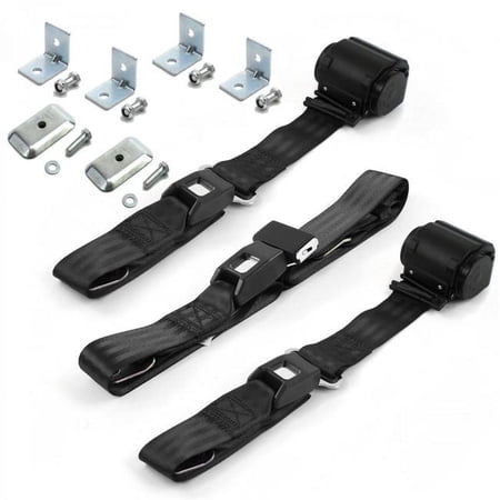 Ford 1933-1934 Model C Standard 2 Point Black Retractable Bench Seat Belt Kit with Bracketry - 3 Belts