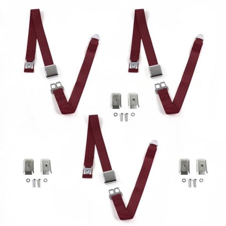 Ford 1955-1956 Airplane 2 Point Burgandy Lap Bench Seat Belt Kit with Bracketry - 3 Belts