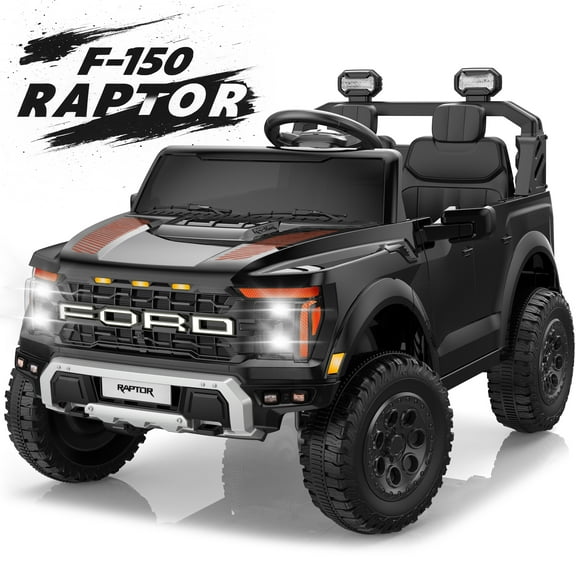 24V Ride on Cars 2 Seater for Kids, Ford F150 Raptor Battery Powered Ride on Toys Truck with Remote Control, 4 Wheels Spring Suspension, Electric Car for Kids Toddler 3-8 w/Bluetooth & Lights, Black