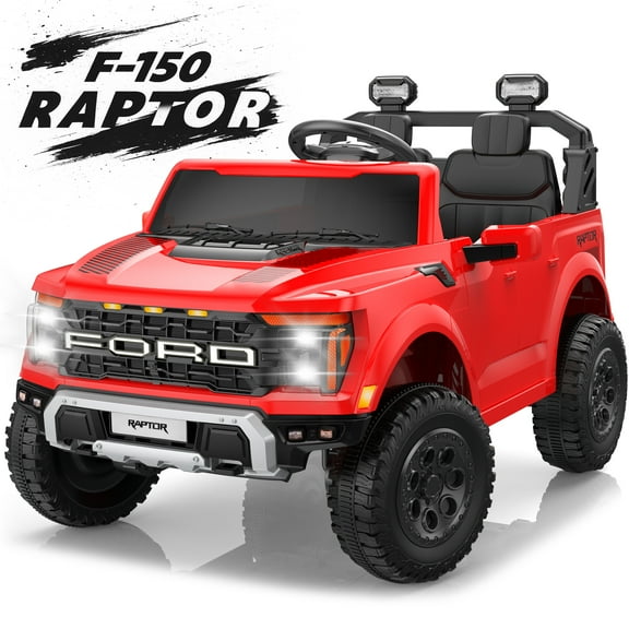 24V Ride on Cars 2 Seater for Kids, Ford F150 Raptor Battery Powered Ride on Toys Truck with Remote Control, 4 Wheels Spring Suspension, Electric Car for Kids Toddler 3-8 w/Bluetooth & Lights, Red