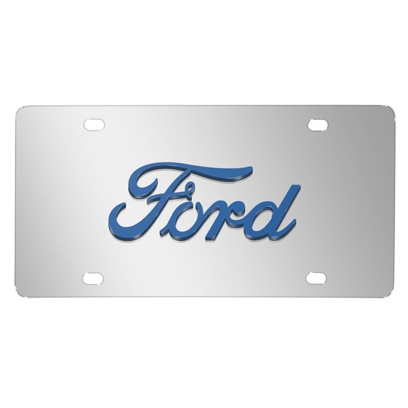 Ford 3D Script Logo in Blue on Mirror Chrome Stainless Steel License Plate