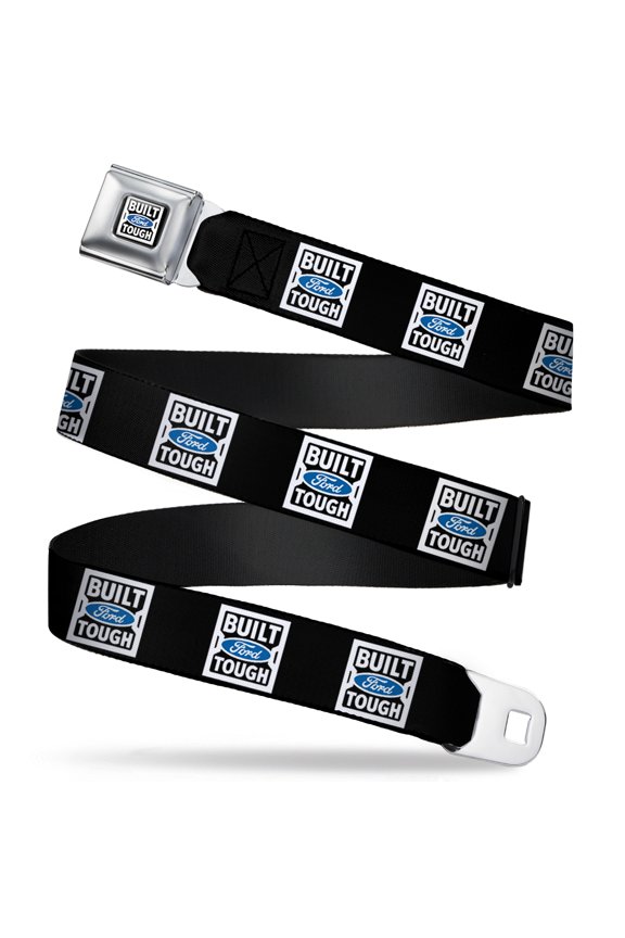 Ford Belt, Seatbelt Buckle Belt, Built Ford Tough Logo Black White Blue Repeat, 30 to 44 Inches
