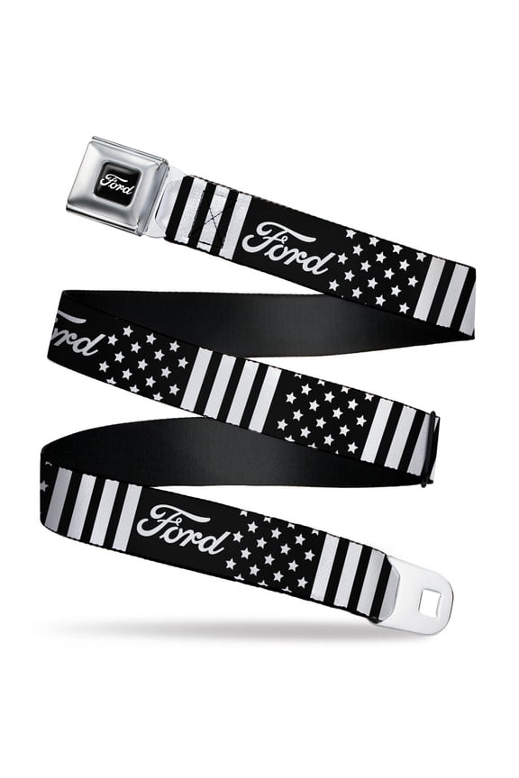 Ford Belt, Seatbelt Buckle Belt, Ford Script Americana Stars and Stripes Black White, 32 to 52 Inches
