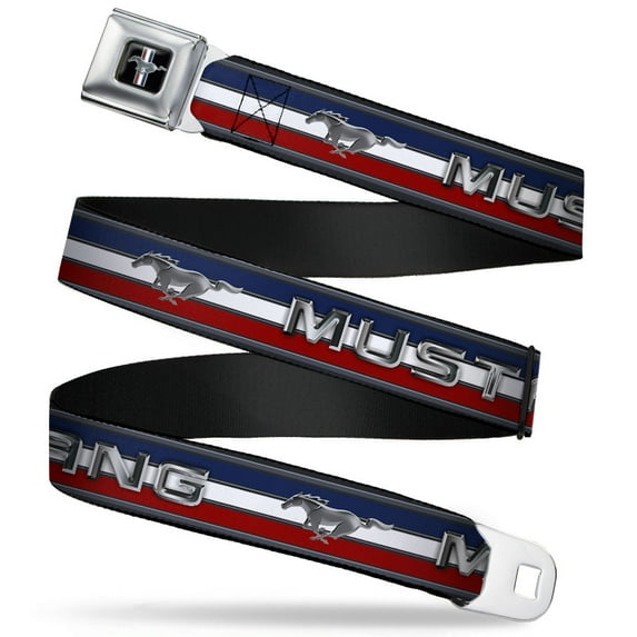 Ford Belt, Seatbelt Buckle Belt, Mustang Text Tri Bar Stripe, 44 to 63 Inches