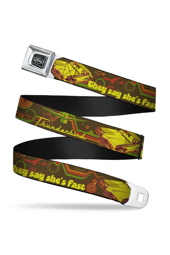 Ford Belt, Seatbelt Buckle Belt, Vintage Ford Thunderbird They Say Shes Fast Browns Yellows, 44 to 63 Inches
