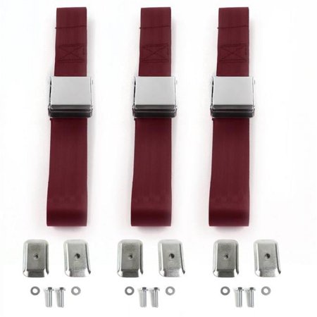 Ford Bronco 1980-1996 Airplane 2 Point Burgandy Lap Bench Seat Belt Kit with Bracketry - 3 Belts