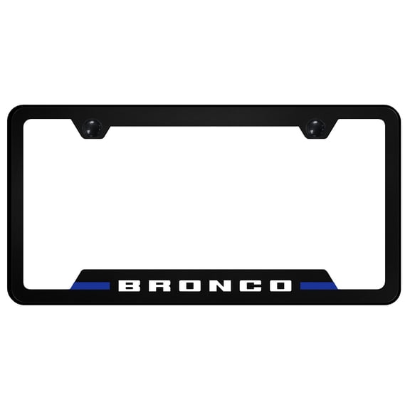 Ford Bronco Notched License Plate Frame Blue Stripe on Black Polycarbonate
