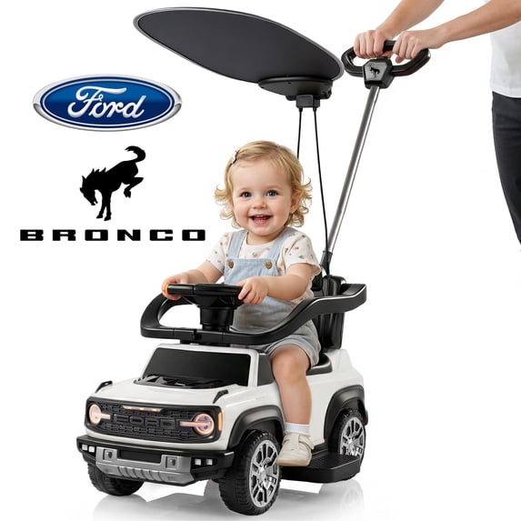 Ford Bronco 3 in 1 Push Car with Canopy for Toddlers 1–3, Ride On Push Car Toy with Adjustable Parent Steering Handle, Removable Guardrail & Footrest, Music, Horn, Under Seat Storage, Silent Wheels