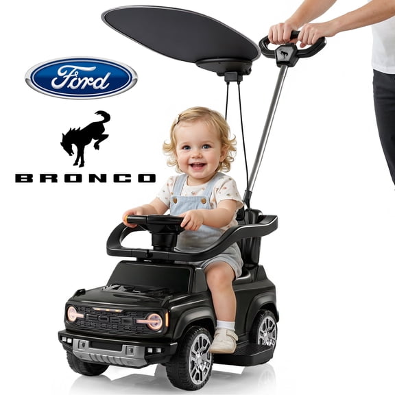 Ford Bronco 3 in 1 Push Car with Canopy for Toddlers 1–3, Ride On Push Car Toy with Adjustable Parent Steering Handle, Removable Guardrail & Footrest, Music, Horn, Under Seat Storage, Silent Wheels